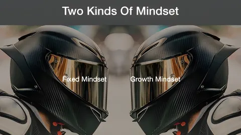 Two race helmets labelled fixed mindset and growth mindset