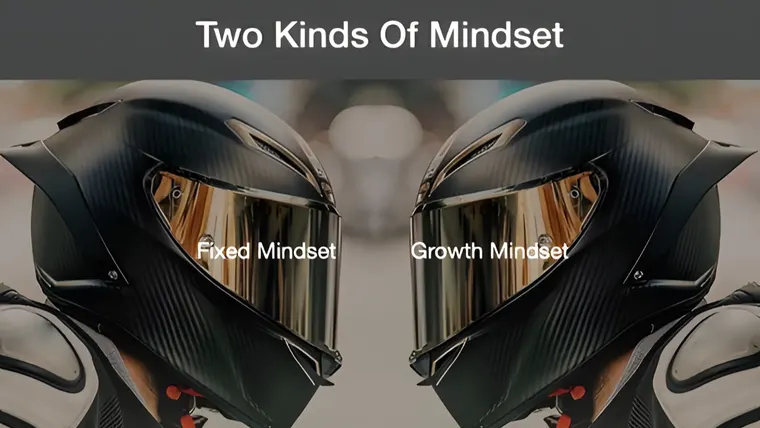 Two black race helmets face to face, one labelled fixed mindset and the other growth mindset